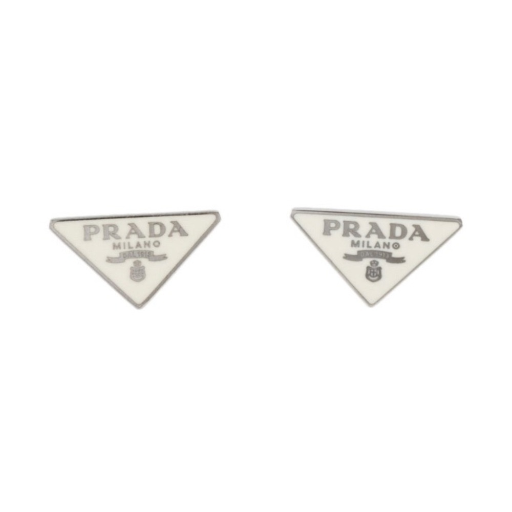 Prada enamel & silver symbole white triangle logo stud earrings AUTHENTIC